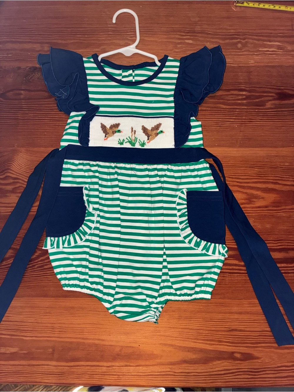 Green & Navy Striped Ruffle One-Piece with Bird Smocking - Kids